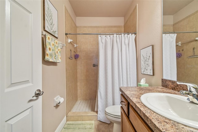 bathroom featuring tile patterned flooring, a shower with curtain, toilet, and vanity