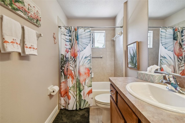 full bathroom featuring vanity, shower / bath combination with curtain, tile patterned flooring, toilet, and a textured ceiling