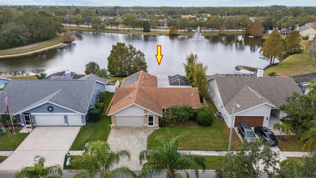 aerial view featuring a water view