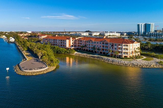 aerial view featuring a water view