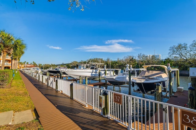 view of dock with a water view and boat lift