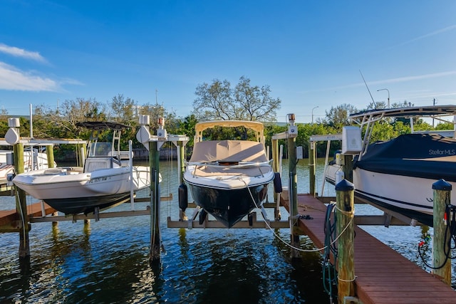 dock area featuring a water view and boat lift