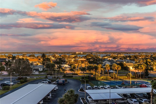 view of aerial view at dusk