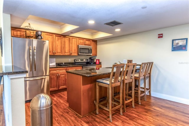 kitchen with a raised ceiling, dark stone countertops, dark hardwood / wood-style flooring, ornamental molding, and stainless steel appliances