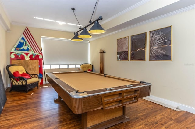 736 Island Way Unit 606, Clearwater Beach, FL 33767 - rec room with ornamental molding, billiards, dark wood-type flooring, and baseboards