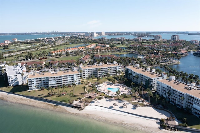 aerial view with a beach view and a water view