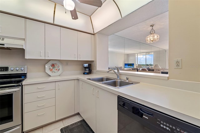 kitchen with sink, stainless steel stove, range hood, dishwashing machine, and white cabinets