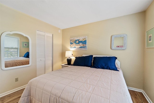 bedroom featuring hardwood / wood-style floors and a closet