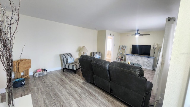 living room featuring ceiling fan and light hardwood / wood-style flooring