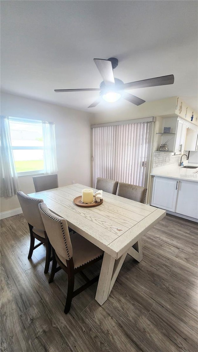 dining space with dark hardwood / wood-style floors and sink