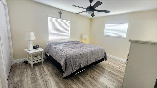 bedroom featuring a closet, multiple windows, ceiling fan, and light hardwood / wood-style flooring