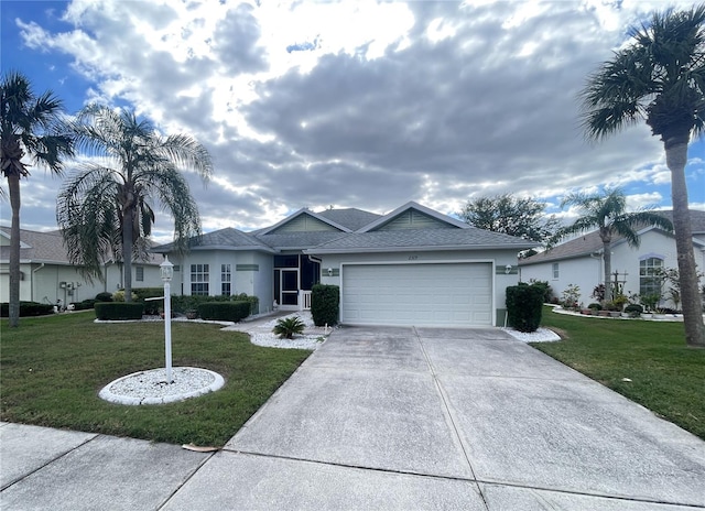 ranch-style home with a front lawn and a garage