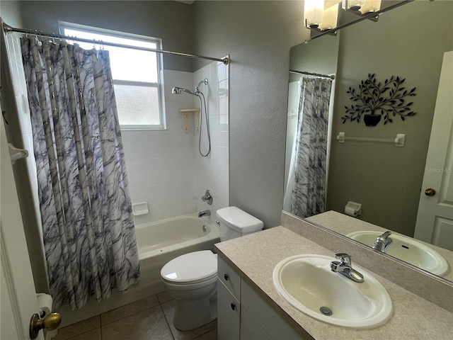 full bathroom featuring vanity, tile patterned flooring, shower / bathtub combination with curtain, and toilet