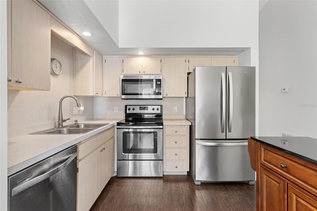 kitchen with appliances with stainless steel finishes, dark wood-type flooring, and sink