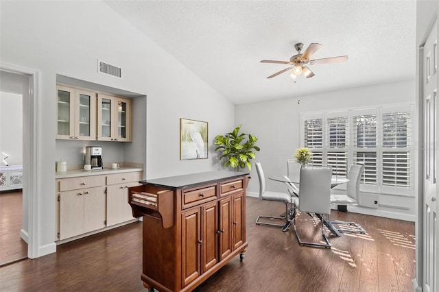 office space with a textured ceiling, ceiling fan, lofted ceiling, and dark wood-type flooring