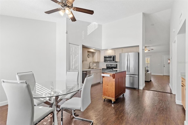 kitchen featuring appliances with stainless steel finishes, a textured ceiling, sink, dark hardwood / wood-style floors, and a kitchen island