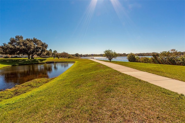 view of property's community with a water view and a yard