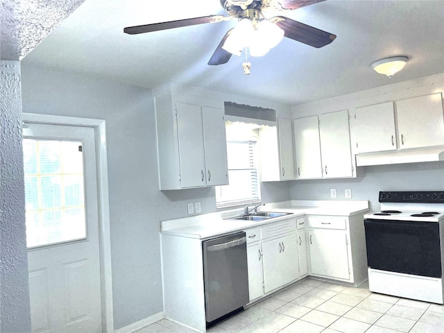 kitchen with white cabinetry, sink, stainless steel dishwasher, and white electric stove