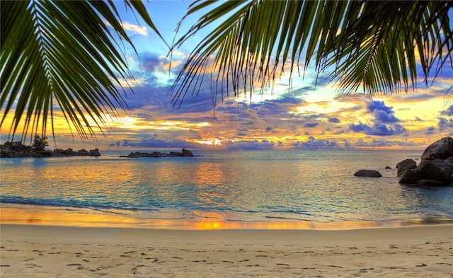 view of water feature with a beach view