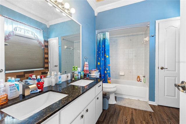 full bathroom with shower / bath combination with curtain, hardwood / wood-style flooring, ornamental molding, vanity, and toilet