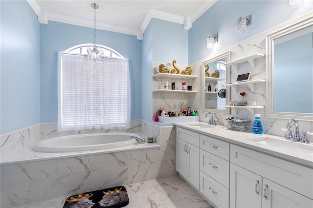 bathroom with a relaxing tiled tub, vanity, a notable chandelier, ornamental molding, and a textured ceiling