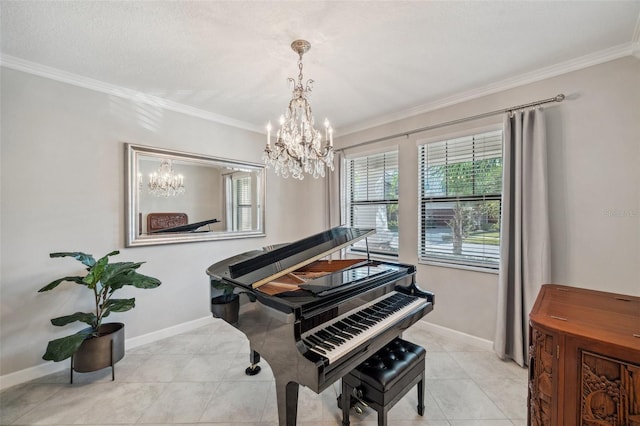 miscellaneous room featuring a notable chandelier, light tile patterned flooring, and ornamental molding