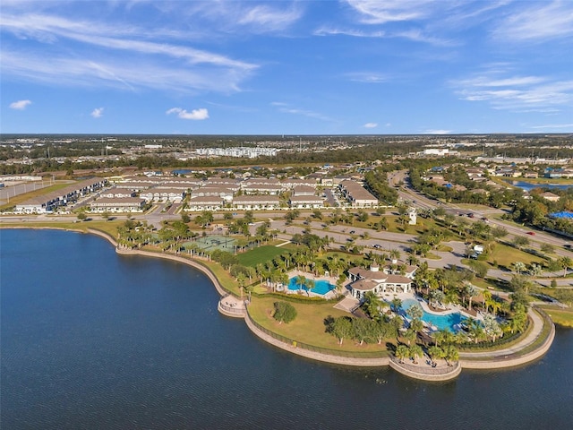 drone / aerial view with a water view