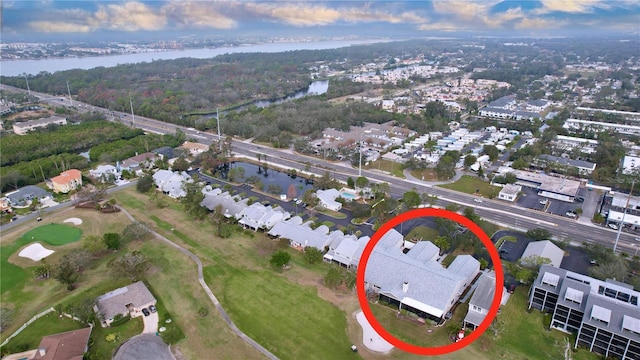 birds eye view of property featuring a water view