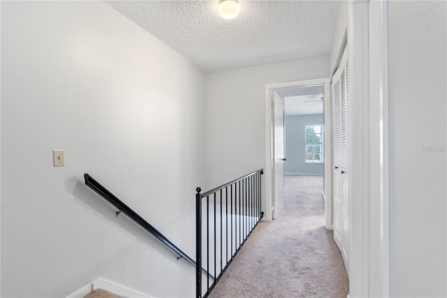 stairs featuring carpet flooring and a textured ceiling