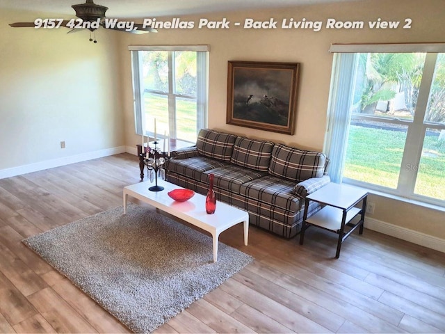 living room with wood-type flooring and ceiling fan