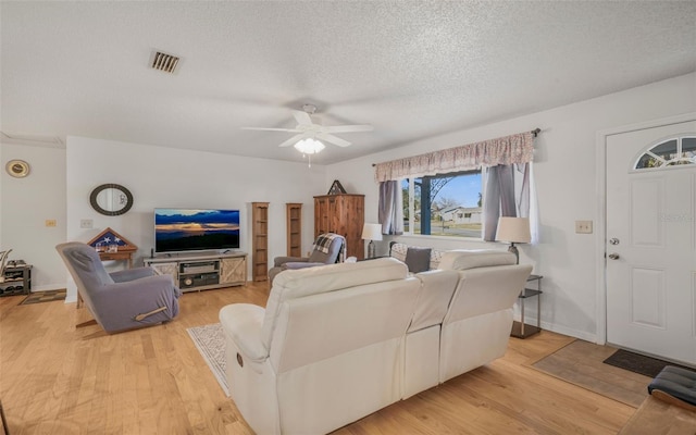 living room featuring ceiling fan, light hardwood / wood-style floors, and a textured ceiling