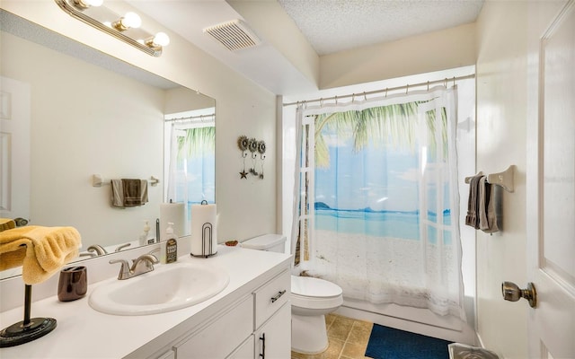 full bathroom with vanity, toilet, a textured ceiling, and shower / tub combo