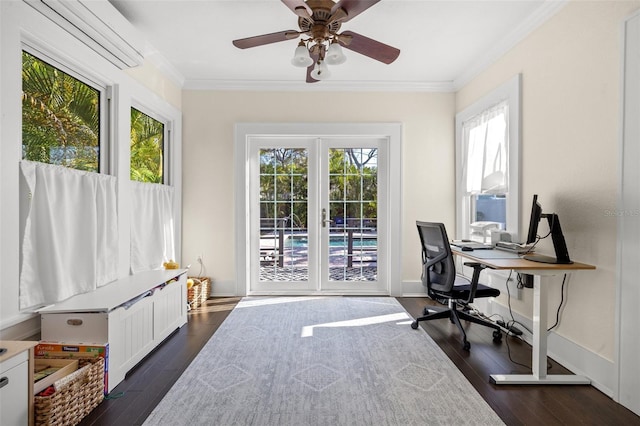 office with ceiling fan, dark hardwood / wood-style floors, and ornamental molding