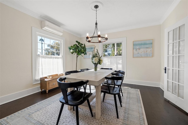 dining room with dark hardwood / wood-style flooring, a wall unit AC, a healthy amount of sunlight, and crown molding