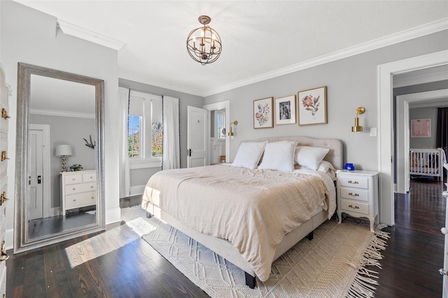 bedroom with crown molding, dark wood-type flooring, and a chandelier