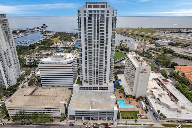 aerial view featuring a water view