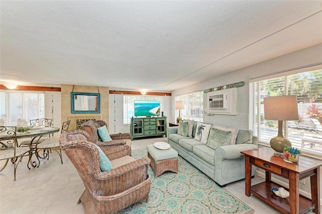 living room with a textured ceiling