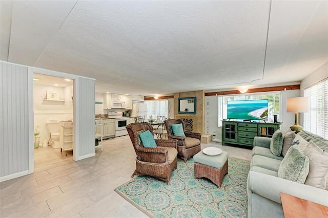 living room with a textured ceiling