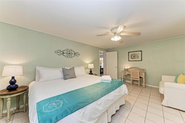 bedroom featuring ceiling fan and light tile patterned floors