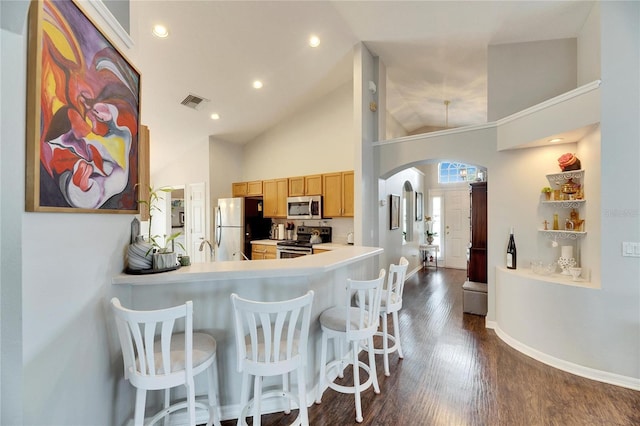 kitchen with high vaulted ceiling, a breakfast bar area, stainless steel appliances, dark wood-type flooring, and light brown cabinets