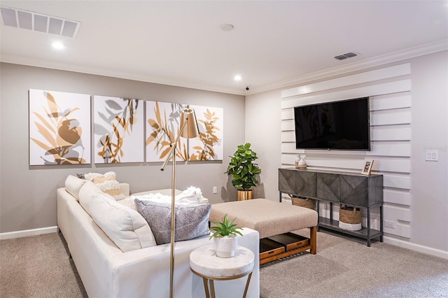 living room featuring carpet and ornamental molding