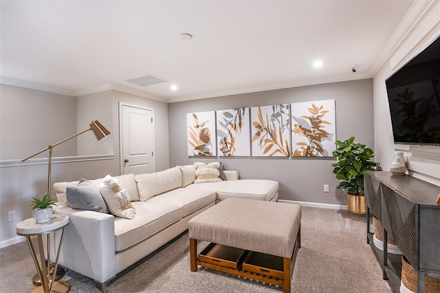 living room featuring carpet and crown molding