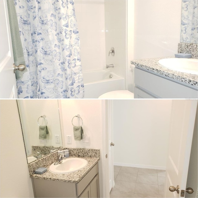 bathroom featuring tile patterned floors, vanity, and bathtub / shower combination