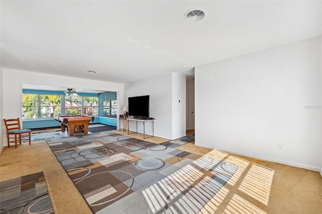 recreation room with ceiling fan, pool table, and carpet floors