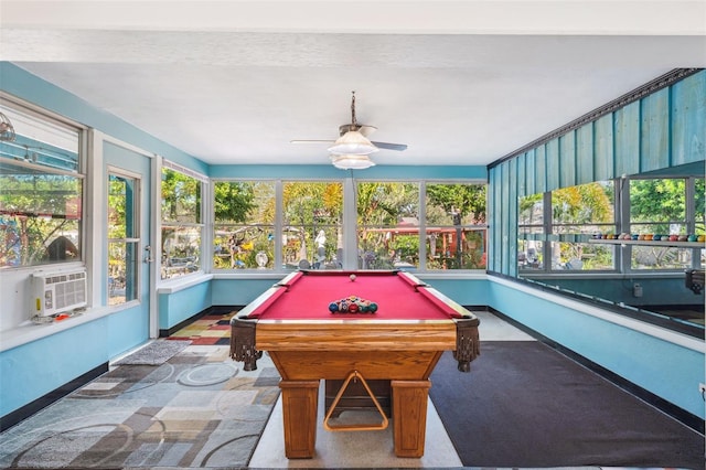 playroom featuring cooling unit, ceiling fan, pool table, and a healthy amount of sunlight