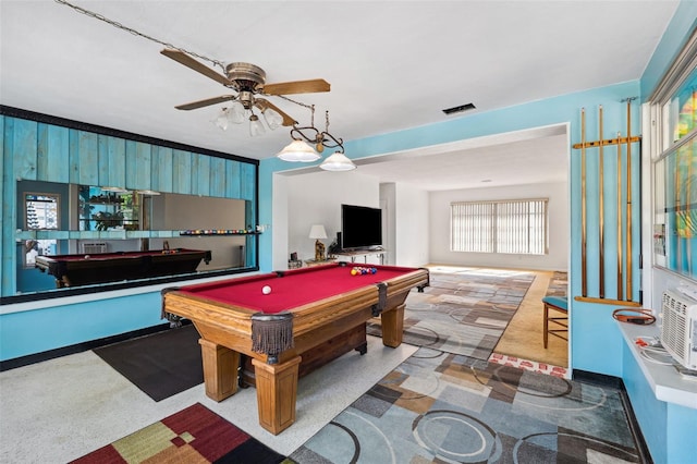 playroom with pool table and ceiling fan