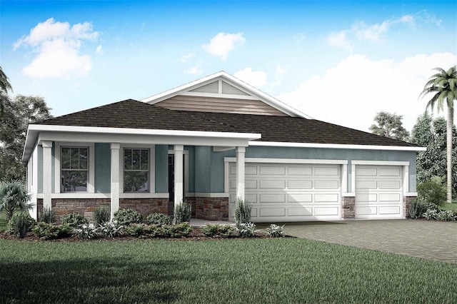 12458 49th St E, Parrish, FL 34219 - view of front of house featuring stone siding, decorative driveway, a garage, stucco siding, and a front yard