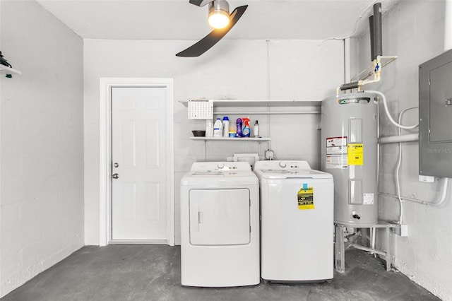 clothes washing area featuring washer and dryer, electric water heater, ceiling fan, and electric panel