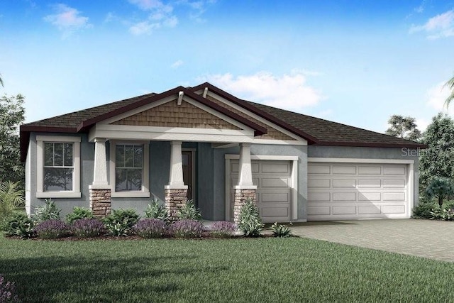 12404 52th St E, Parrish, FL 34219 - craftsman inspired home with an attached garage, driveway, a front yard, and stucco siding