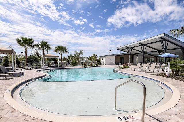 view of swimming pool with a patio area